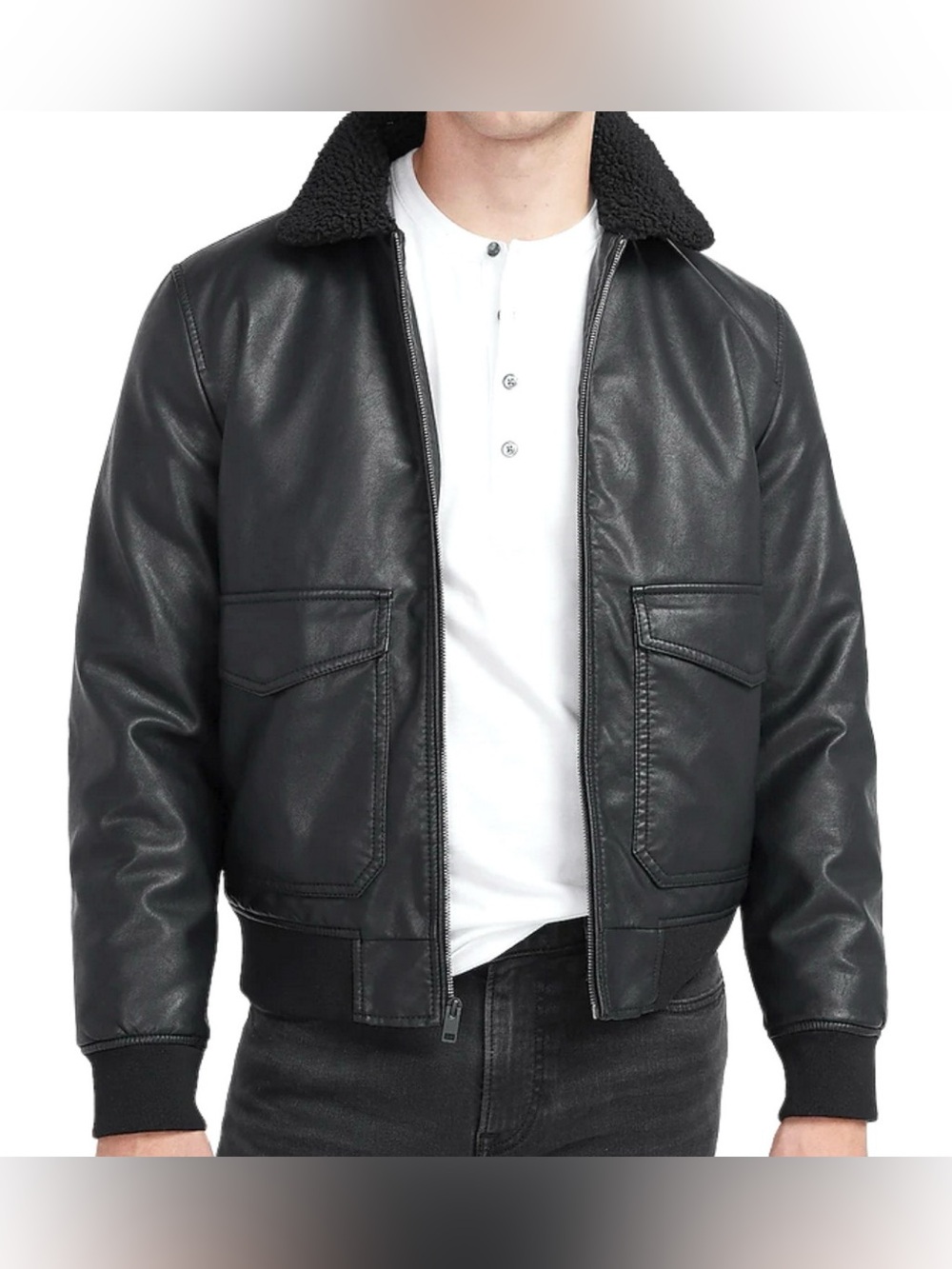 NEW EXPRESS BLACK SHERPA COLLAR VEGAN LEATHER BOMBER JACKET SIZE XS